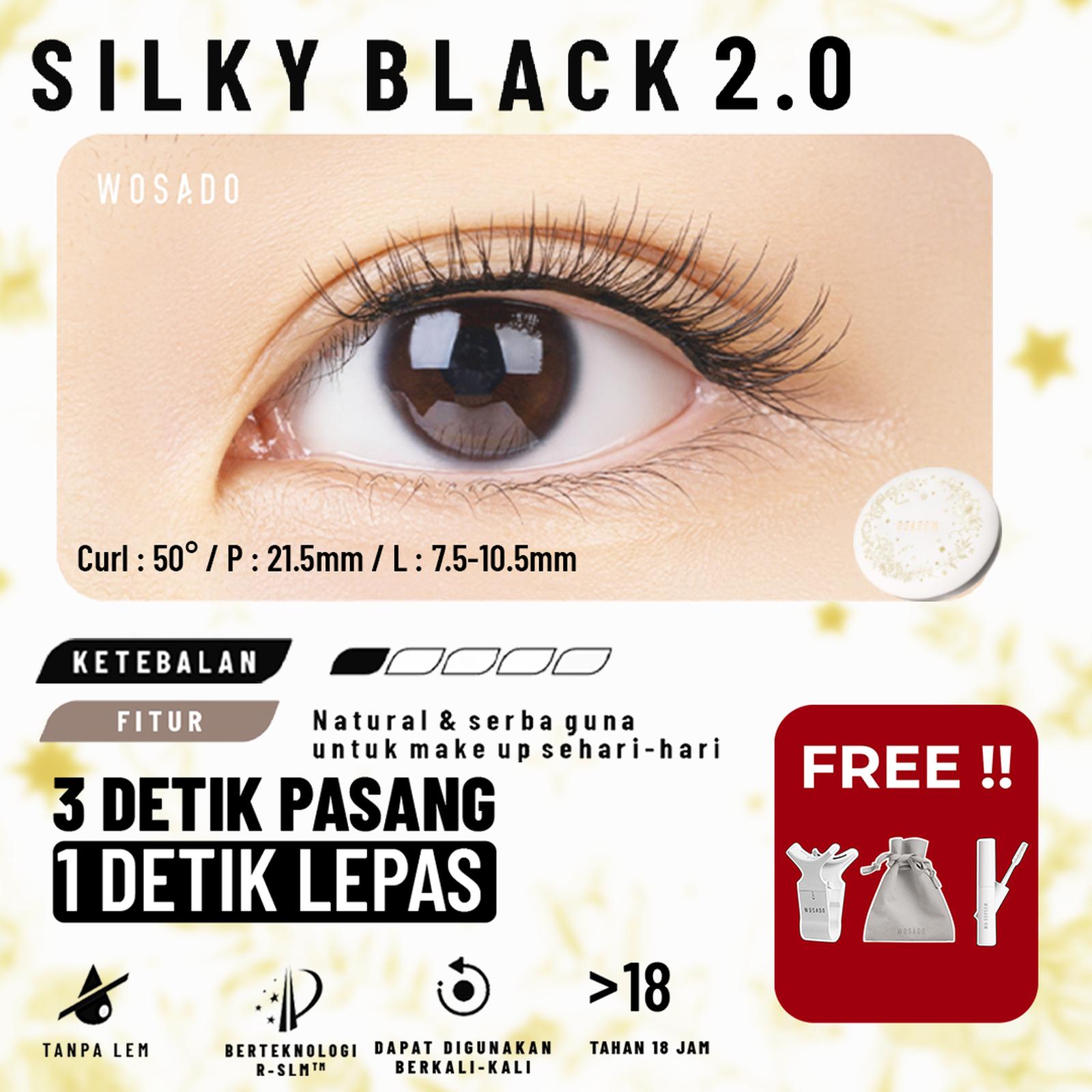 WOSADO SILKY BLACK - Bulumata dengan tampilan natural seperti bulumata alami. Panjang: 8,5mm di bagian dalam mata,10.5mm di tengah mata, 10mm di bagian luar mata
